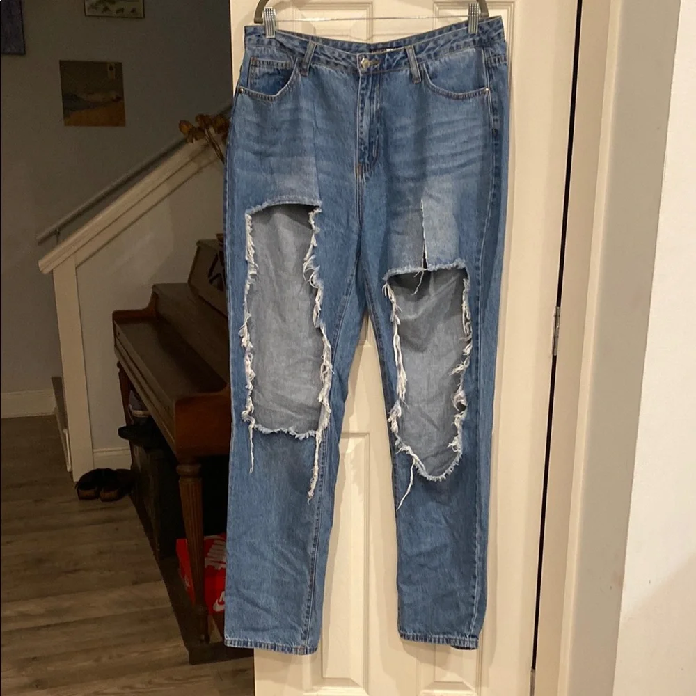 Fashion Nova Blue Distressed Wide Leg Jeans - Picture 1 of 14